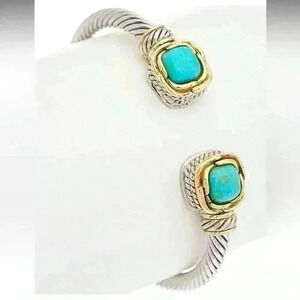 Juvell 18K Two-Tone White and Yellow Gold Plated Turquoise Bangle Sz 6.5” - 7.5”